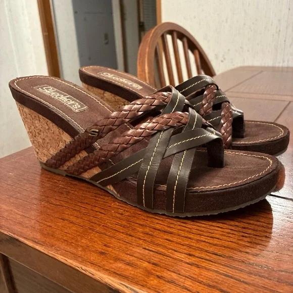 Skechers Leather Cork Wedge Sandals Women’s 10 Chocolate Suede Shoes - Picture 5 of 12